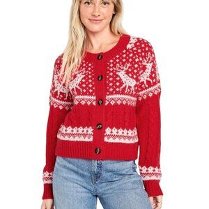 Old Navy Red Fair Isle Button-Up Reindeer Cardigan Sweater 2023 Size XL